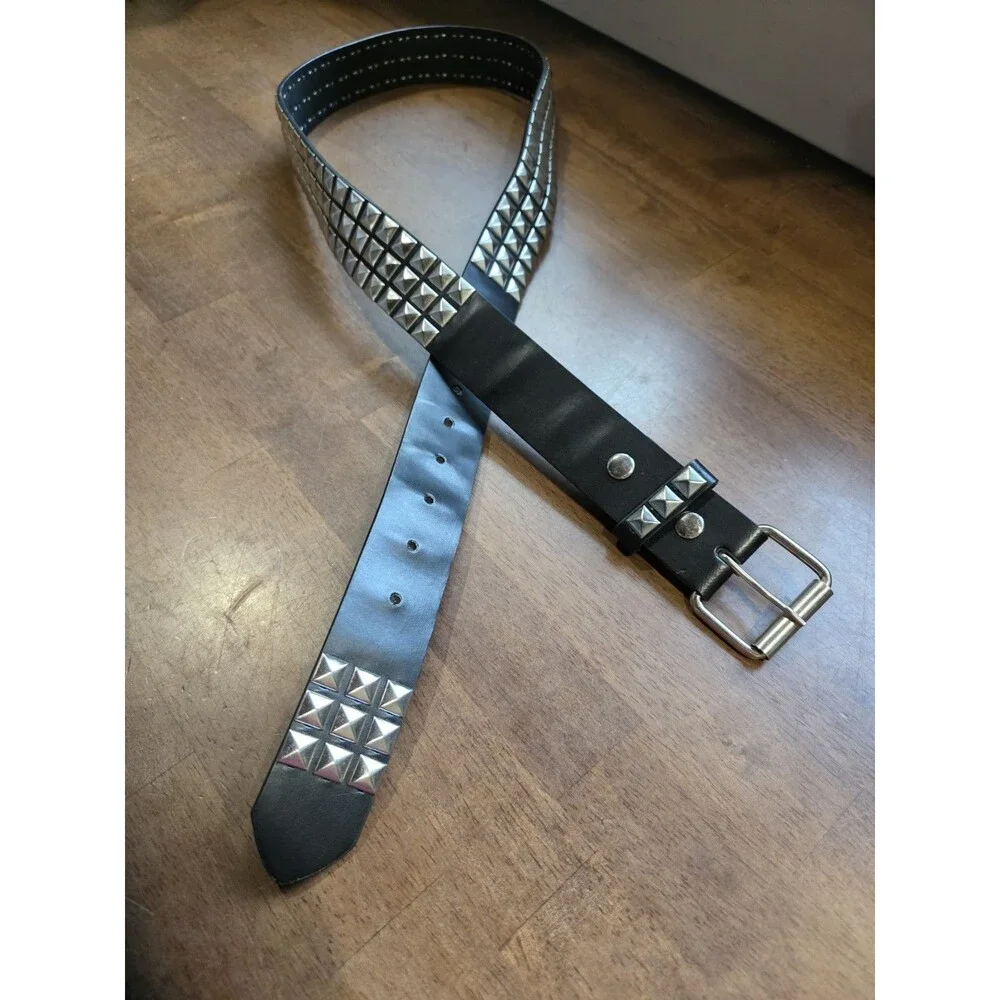 Y2K 3-Row Silver Pyramid Studded Black Faux Leather Belt Punk Emo Size L